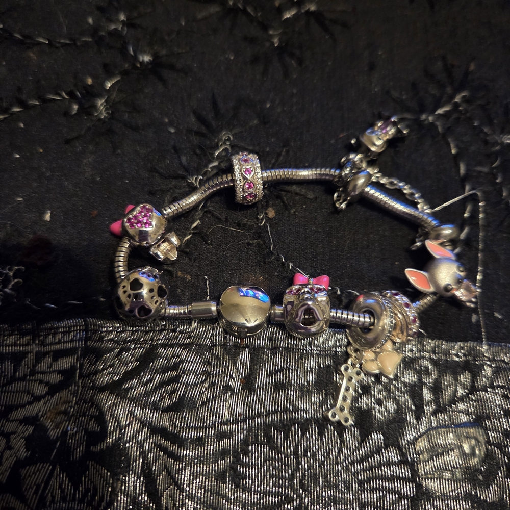 Pandora Silver Bracelet with Pink and Purple Charms